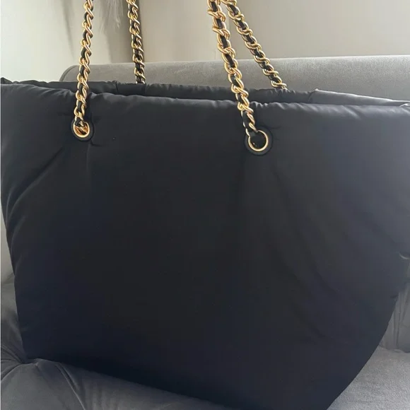 Tory Burch Black and Gold Quilted Nylon Tote - Picture 6 of 7